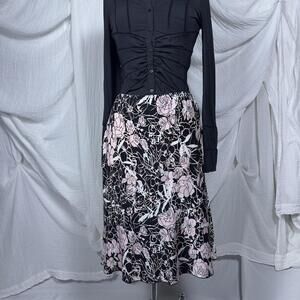Vintage Y2K Preppy Cottage Coquette Boho Fairy Floral Black Pink Midi Skirt (M)